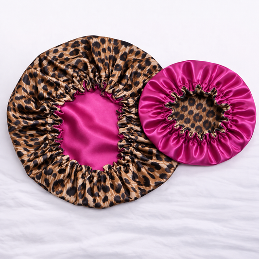 Leopard Pink Double Layer Satin Bonnet